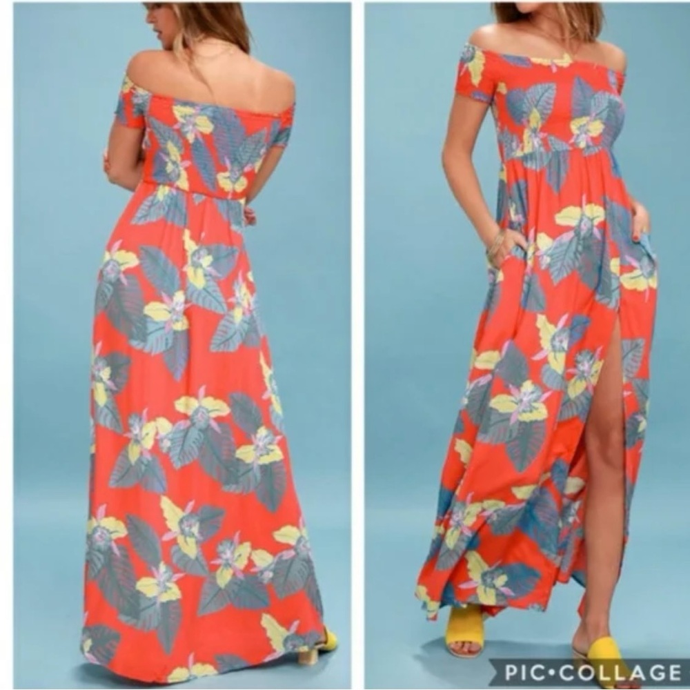 Lulus Patsy Red Tropical Smocked Bodice Maxi Dress - image 1